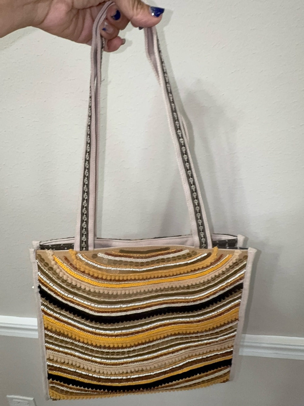 Beige and Mustard Embroidered Wave Tote Bag